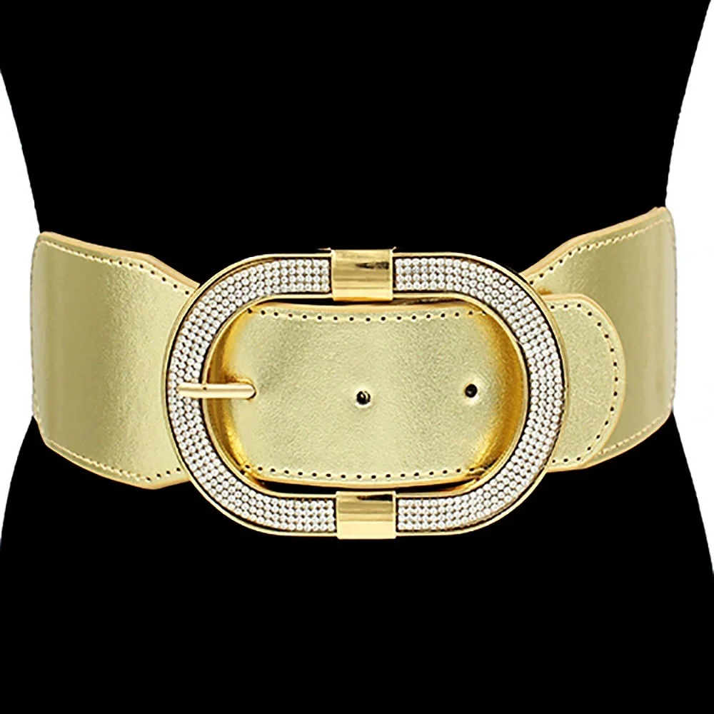 Paved Rhinestone Open Oval Buckle Accented Elastic Statement Belt